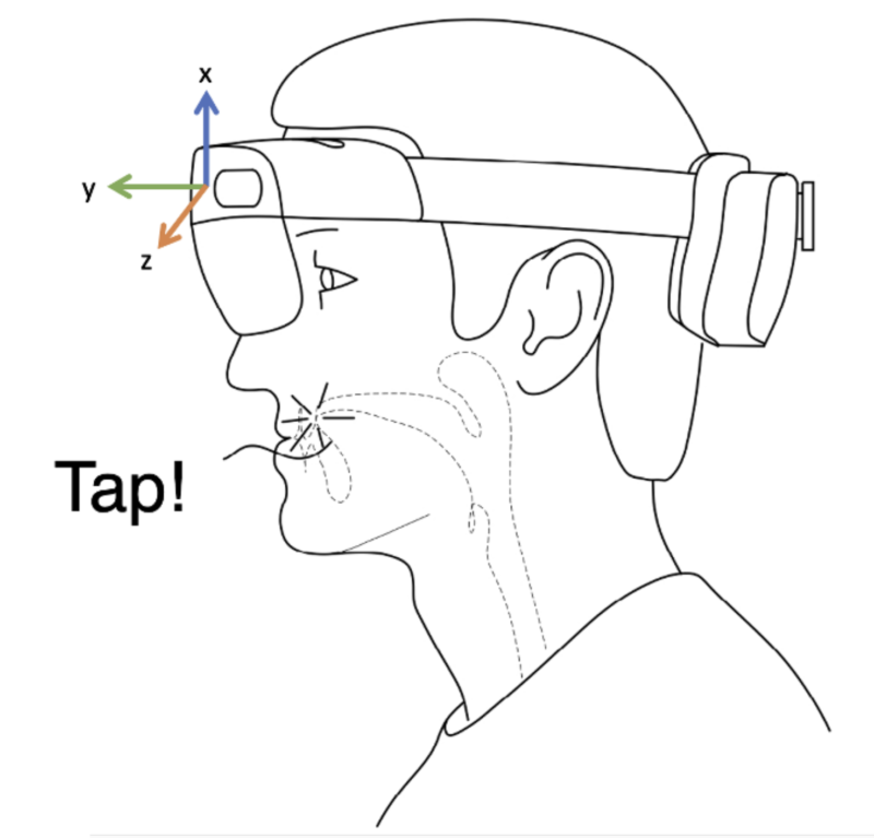 A simple diagram depicting a person wearing a mixed reality headset in profile view. We can see through the mouth and see that the tongue is tapping on the teeth.